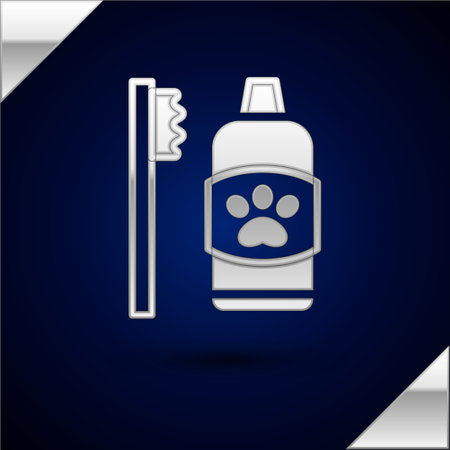 Silver Dental hygiene for pets icon isolated on dark blue background. Toothbrush and toothpaste. Teeth cleaning. Vectorのイラスト素材