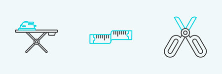 Set line Scissors, Electric iron and ironing board and Tape measure icon. Vectorのイラスト素材