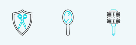 Set line Hairbrush, Scissors hairdresser and shield and Hand mirror icon. Vectorのイラスト素材