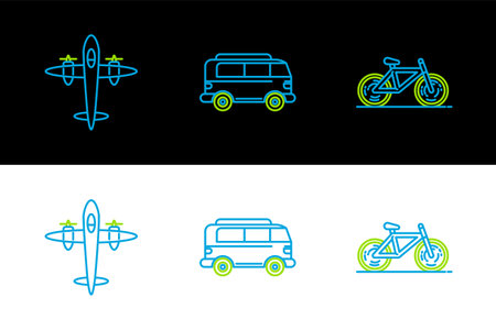 Set line Bicycle, Old retro vintage plane and Retro minivan icon. Vectorのイラスト素材