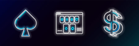 Set line Dollar symbol, Playing card with spades and Online poker table game icon. Glowing neon. Vectorのイラスト素材
