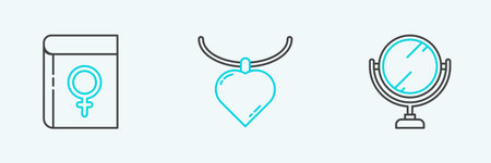 Set line Round makeup mirror, Book about women and Necklace with heart shaped pendant icon. Vectorのイラスト素材