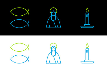 Set line Burning candle in candlestick, Christian fish and Jesus icon. Vectorのイラスト素材