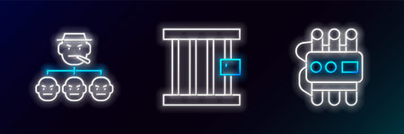 Set line Dynamite and timer clock, Mafia and Prison window icon. Glowing neon. Vectorのイラスト素材