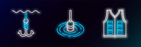 Set line Fishing jacket, hook under water and float icon. Glowing neon. Vectorのイラスト素材