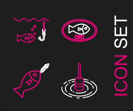 Set line Fishing float in water, on hook, trophy hanging the board and under with fish icon. Vectorのイラスト素材