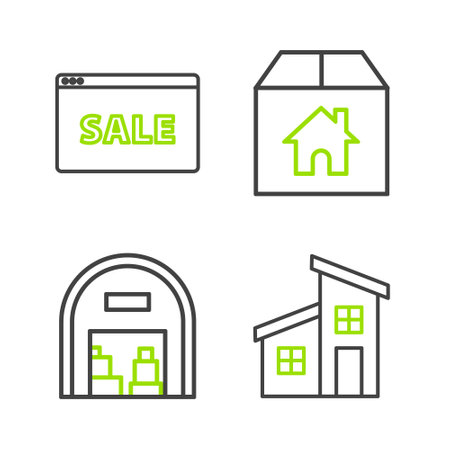 Set line House, Warehouse, Cardboard box with and Hanging sign text Online Sale icon. Vectorのイラスト素材