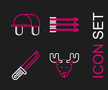 Set line Moose head with horns, Hunter knife, Hipster arrows and hat icon. Vectorのイラスト素材