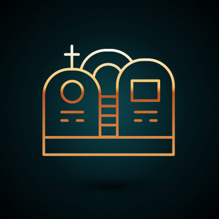 Gold line Grave with tombstone icon isolated on dark blue background. Vectorのイラスト素材
