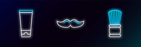 Set line Shaving brush, Cream or lotion cosmetic tube and Mustache icon. Glowing neon. Vectorのイラスト素材