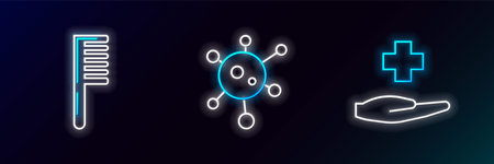 Set line Cross hospital medical, Hairbrush and Virus icon. Glowing neon. Vectorのイラスト素材