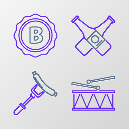 Set line Musical instrument drum and drum sticks, Sausage on the fork, Crossed beer bottle and Bottle cap with inscription icon. Vectorのイラスト素材