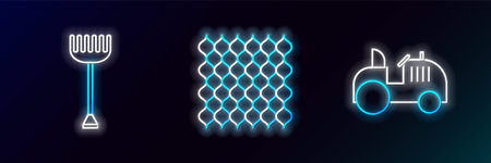 Set line Tractor, Garden rake and fence wooden icon. Glowing neon. Vectorのイラスト素材