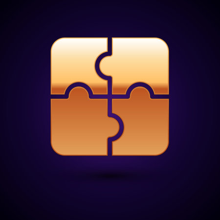 Gold Piece of puzzle icon isolated on black background. Business, marketing, finance, template, layout, infographics, internet concept. Vectorのイラスト素材