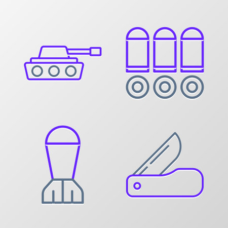 Set line Swiss army knife, Aviation bomb, Bullet and Military tank icon. Vectorのイラスト素材