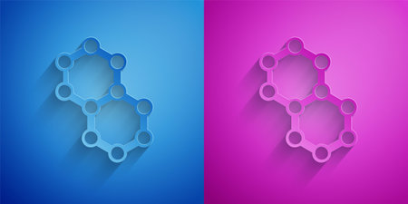 Paper cut Molecule icon isolated on blue and purple background. Structure of molecules in chemistry, science teachers innovative educational poster. Paper art style. Vectorのイラスト素材