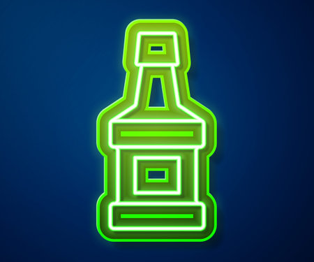 Glowing neon line Whiskey bottle icon isolated on blue background. Vectorのイラスト素材