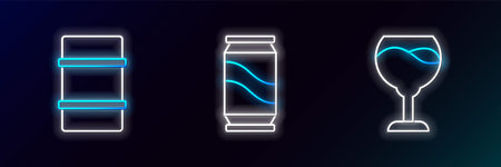 Set line Wine glass, Metal beer keg and Beer can icon. Glowing neon. Vectorのイラスト素材
