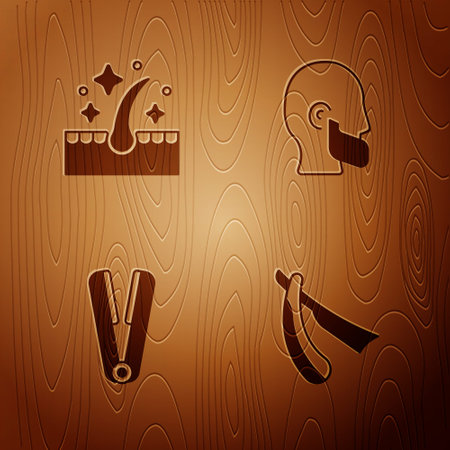 Set Straight razor, Oil for hair care treatment, Curling iron and Mustache and beard on wooden background. Vectorのイラスト素材