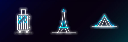 Set line Tourist tent, Suitcase for travel and stickers and Eiffel tower icon. Glowing neon. Vectorのイラスト素材