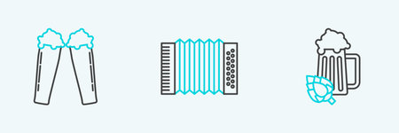 Set line Glass of beer and hop, and Musical instrument accordion icon. Vectorのイラスト素材