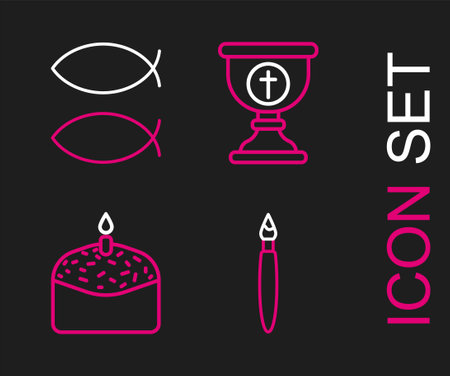 Set line Paint brush, Easter cake and candle, Christian chalice and fish icon. Vectorのイラスト素材