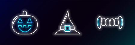 Set line Vampire teeth, Pumpkin and Witch hat icon. Glowing neon. Vectorのイラスト素材