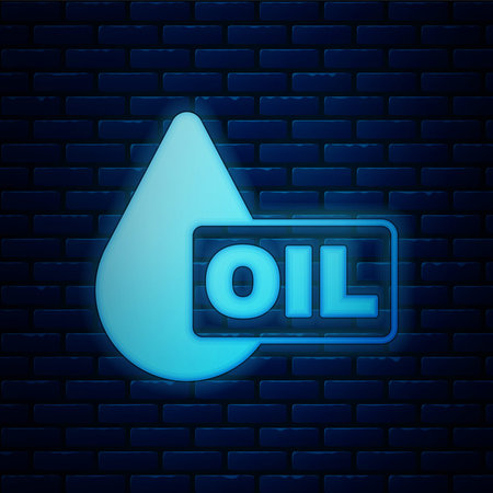 Glowing neon Oil drop icon isolated on brick wall background. Vector
