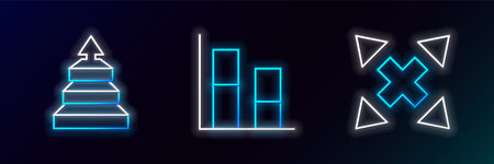 Set line Many ways directional arrow, Pyramid chart infographics and Graph, chart, diagram icon. Glowing neon. Vectorのイラスト素材