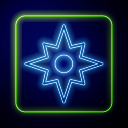 Glowing neon Wind rose icon isolated on blue background. Compass icon for travel. Navigation design. Vectorのイラスト素材