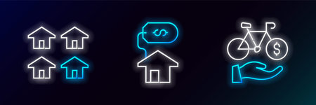 Set line Bicycle rental mobile app, Real estate and House with dollar icon. Glowing neon. Vectorのイラスト素材