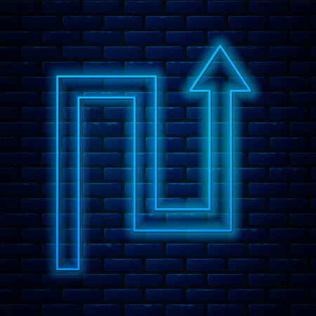 Glowing neon line Arrow icon isolated on brick wall background. Direction Arrowhead symbol. Navigation pointer sign. Vectorのイラスト素材
