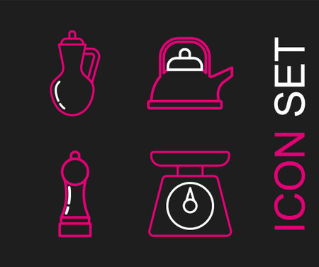 Set line Scales, Pepper, Kettle with handle and Bottle of olive oil icon. Vectorのイラスト素材