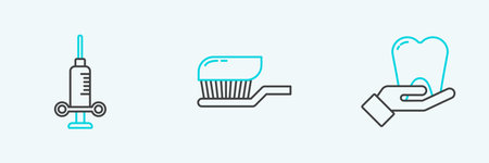 Set line Tooth, Dental medical syringe and Toothbrush with toothpaste icon. Vectorのイラスト素材