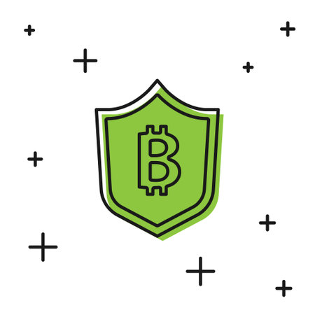 Black Shield with bitcoin icon isolated on white background. Cryptocurrency mining, blockchain technology, security, protect, digital money. Vectorのイラスト素材