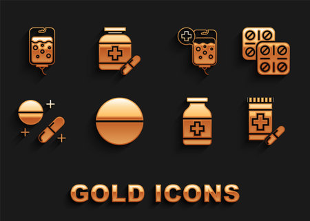 Set Medicine pill or tablet, Pills blister pack, bottle and pills, IV bag, and icon. Vectorのイラスト素材