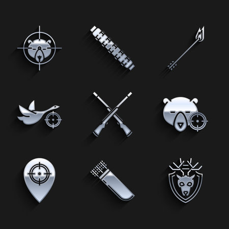 Set Two crossed shotguns, Quiver with arrows, Deer head antlers on shield, Hunt bear crosshairs, place, duck, Flame and icon. Vectorのイラスト素材