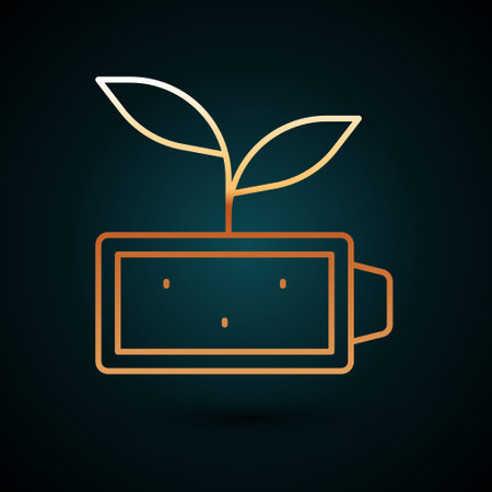 Gold line Eco nature leaf and battery icon isolated on dark blue background. Energy based on ecology saving concept. Vectorのイラスト素材