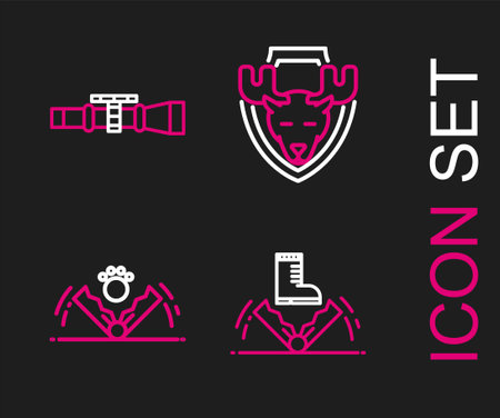Set line Trap hunting, Moose head on shield and Sniper optical sight icon. Vectorのイラスト素材