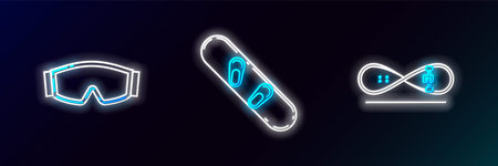 Set line Skateboard trick, Ski goggles and Snowboard icon. Glowing neon. Vector