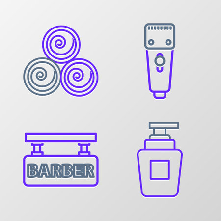 Set line Bottle of shampoo, Barbershop, Electrical hair clipper or shaver and Towel rolls icon. Vectorのイラスト素材