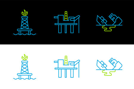 Set line Wrecked oil tanker ship, Oil rig with fire and platform in the sea icon. Vectorのイラスト素材