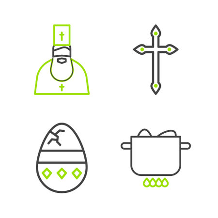 Set line Egg in hot pot, Cracked egg, Christian cross and Priest icon. Vectorのイラスト素材