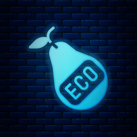 Glowing neon Healthy organic eco vegetarian food pear icon isolated on brick wall background. Fruit with leaf symbol. Healthy, eco, organic, fruit. Vectorのイラスト素材