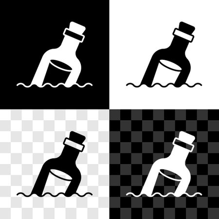 Set Glass bottle with a message in water icon isolated on black and white, transparent background. Letter in the bottle. Pirates symbol. Vectorのイラスト素材