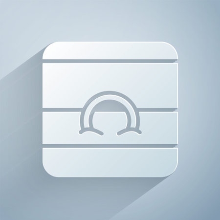 Paper cut Wedding rings icon isolated on grey background. Bride and groom jewelry sign. Marriage symbol. Diamond ring. Paper art style. Vectorのイラスト素材