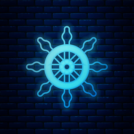 Glowing neon Ship steering wheel icon isolated on brick wall background. Vectorのイラスト素材