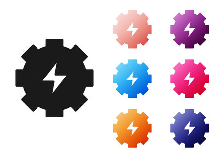 Black Gear and lightning icon isolated on white background. Electric power. Lightning bolt sign. Set icons colorful. Vectorのイラスト素材