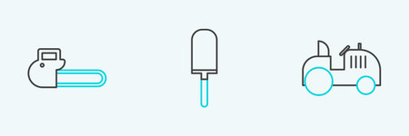 Set line Tractor, Chainsaw and Garden trowel spade shovel icon. Vectorのイラスト素材