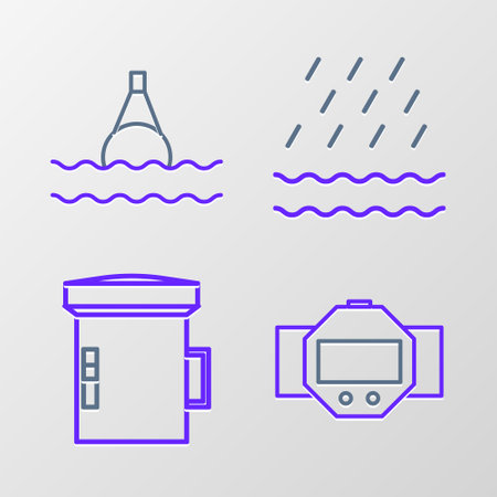 Set line Diving watch, Big flashlight for diver, Rain and waves and Floating buoy on the sea icon. Vectorのイラスト素材
